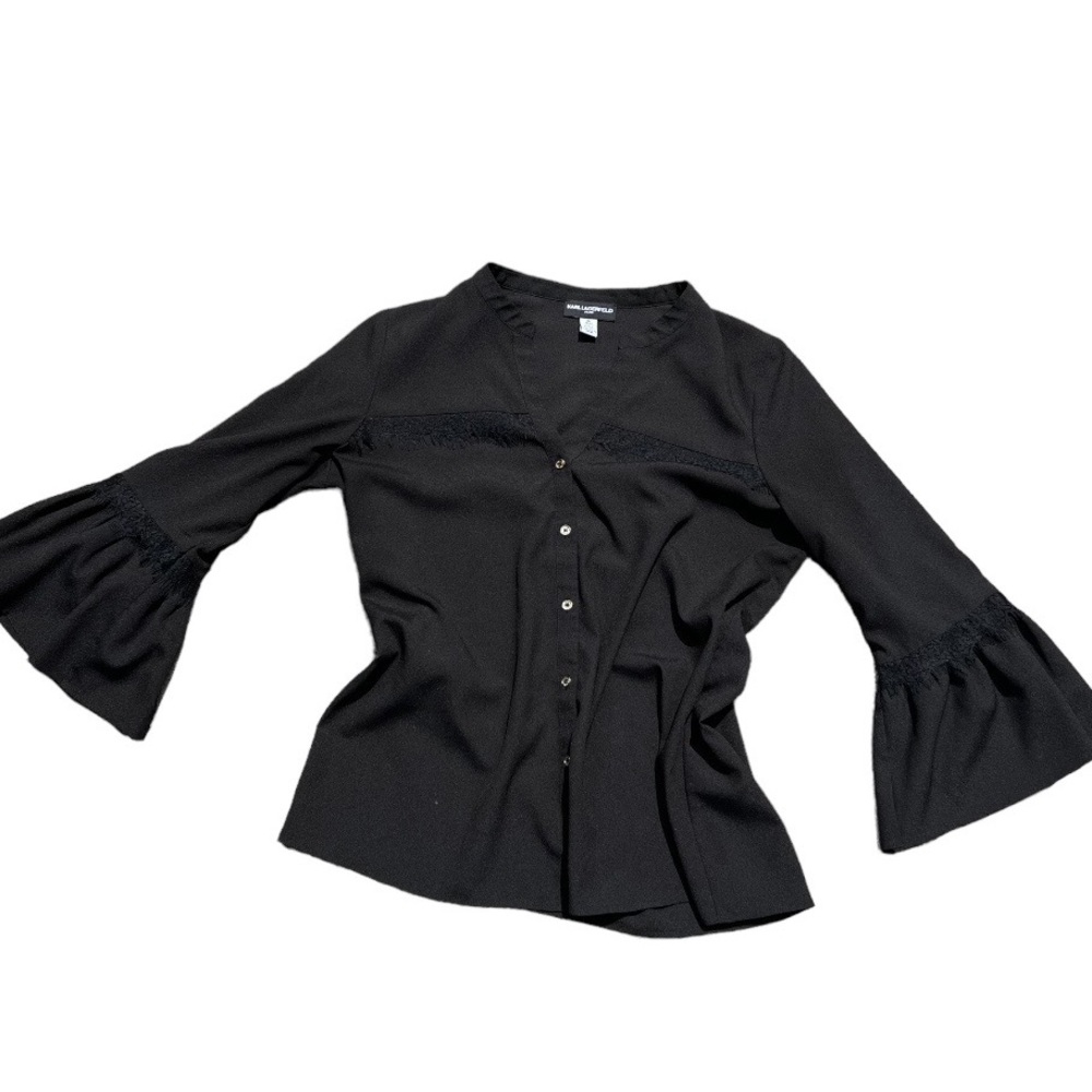 Karl Lagerfeld black satin bell 3/4 sleeve top M - Picture 4 of 6